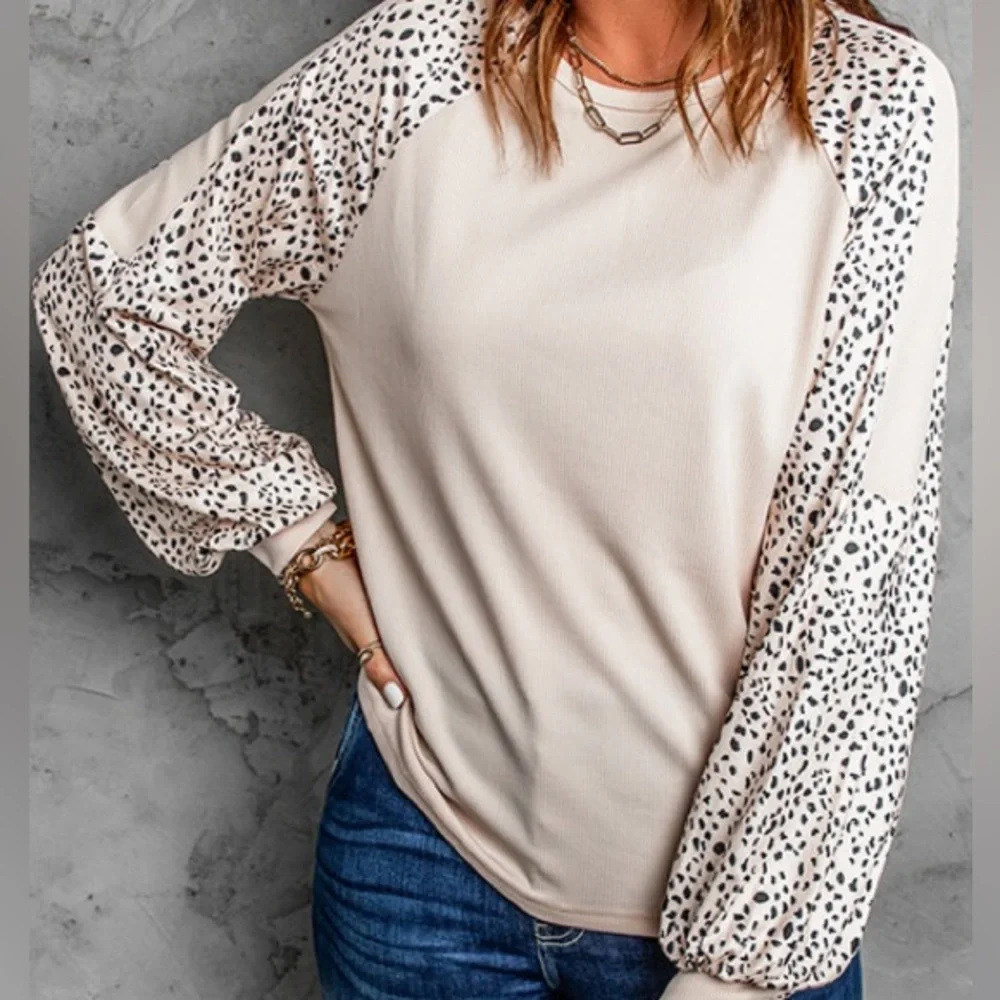 *Last One* Plus Size Cream Ribbed Top w/ Leopard Print Balloon Sleeves, 2X - Picture 13 of 14